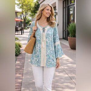 Jennifer & Grace Blue Paisley Boho Tunic Top XL Lace Trim NWT